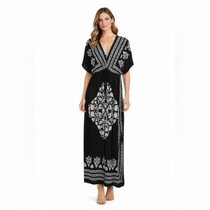 Dream Sleepers Black White Boho Maxi Dress V-Neck Dolman Sleeve Resort L